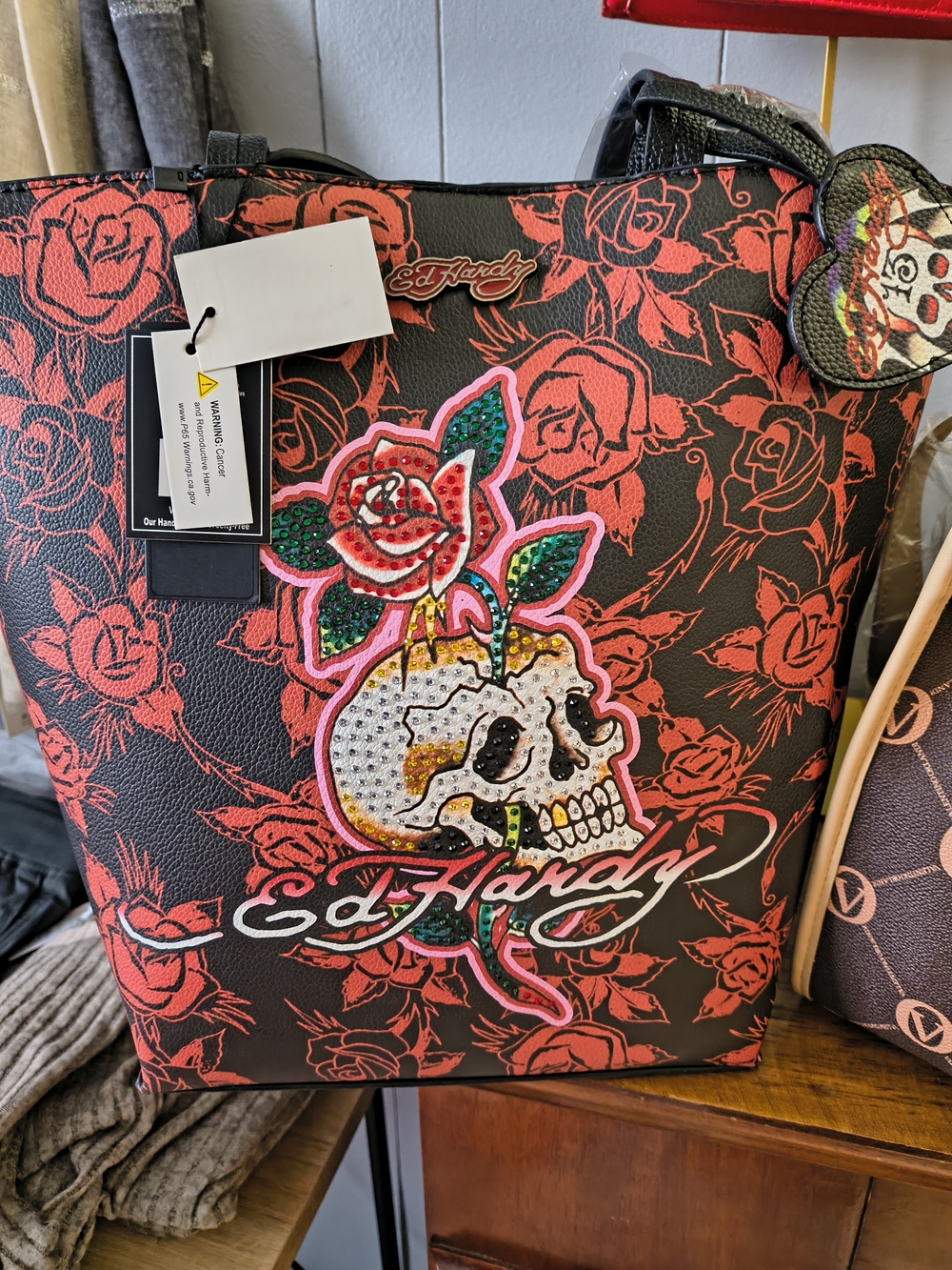 Ed Hardy Red Rose Skull Tote Bag